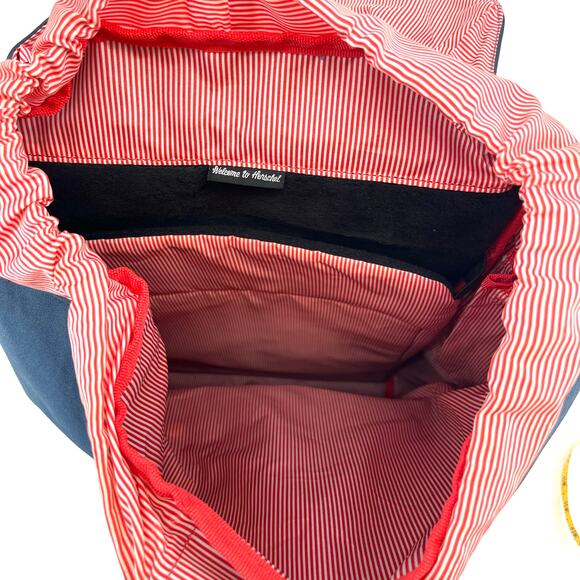 Herschel Navy Canvas Backpack - Red Candy Stripe Lining, Faux Leather Accents - Picture 5 of 7